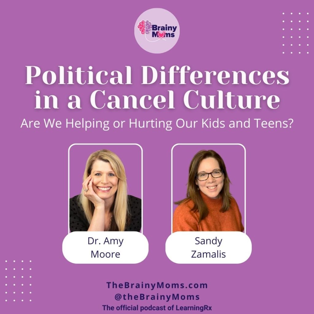 Episode artwork showing the title Political Differences in a Cancel Culture: Are We Helping or Hurting Our Kids and Teens? along with photos of the hosts Dr. Amy Moore and Sandy Zamalis on a purple background