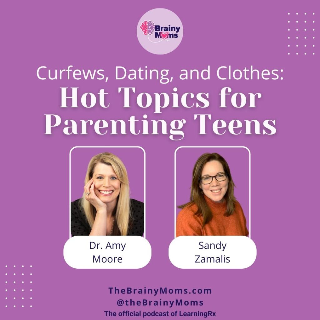 Episode artwork showing the title Curfews, Dating, and Clothes: Hot Topics for Parenting Teens along with photos of the hosts Dr. Amy Moore and Sandy Zamalis on a purple background